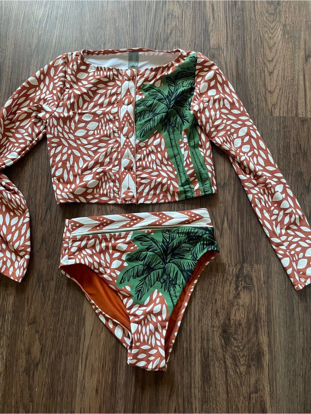 ANTONIO MELANI Rust and Green Palm-Print Two-Piece Swim Set